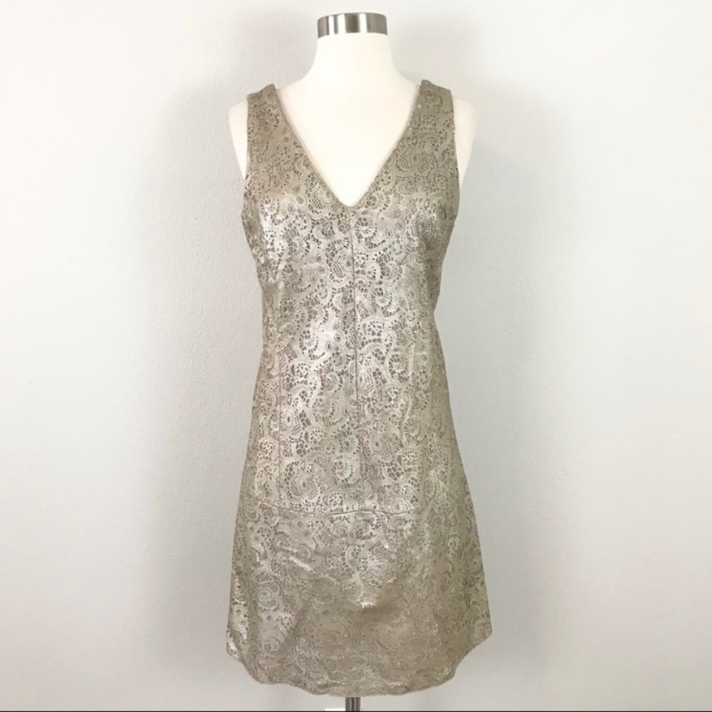 Diane von Furstenberg 8 Leather Dress Laser Cut Mesh Paisley Gold